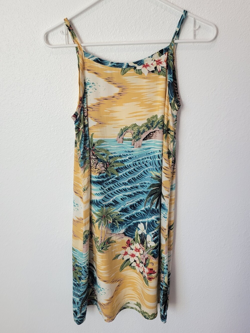 Vintage 90s Aqua Blues Tropical Slip Dress Womens XL Rayon Beach Vacation